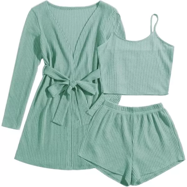 imageEkouaer Womens 3 Piece Waffle Knit Lounge Set Soft Pajama Sets Tank Top and Shorts Cardigan with Pockets SXXLGrey Green