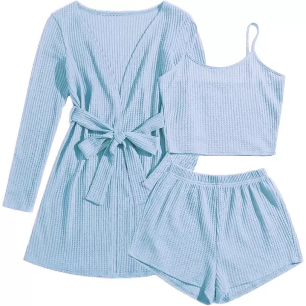 imageEkouaer Womens 3 Piece Waffle Knit Lounge Set Soft Pajama Sets Tank Top and Shorts Cardigan with Pockets SXXLLight Blue