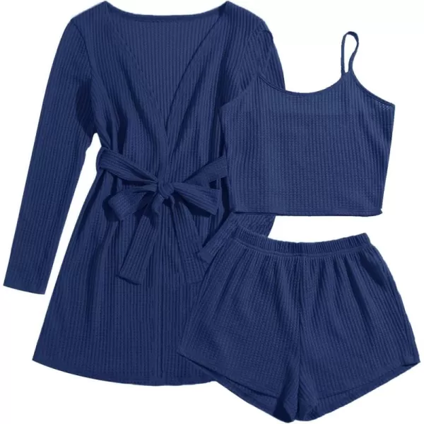 imageEkouaer Womens 3 Piece Waffle Knit Lounge Set Soft Pajama Sets Tank Top and Shorts Cardigan with Pockets SXXLNavy Blue