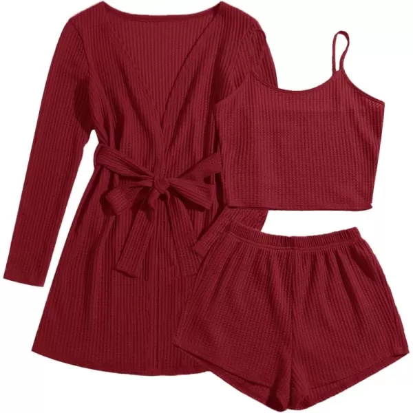 imageEkouaer Womens 3 Piece Waffle Knit Lounge Set Soft Pajama Sets Tank Top and Shorts Cardigan with Pockets SXXLWine Red