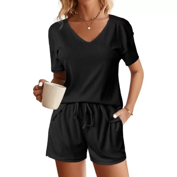 imageEkouaer Womens Ribbed Knit Lounge Set Short Sleeve Top and Shorts Sleepwear Pajama Set Two Piece Shorts Outfits SetBlack