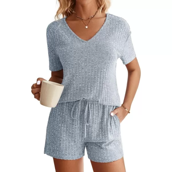 imageEkouaer Womens Ribbed Knit Lounge Set Short Sleeve Top and Shorts Sleepwear Pajama Set Two Piece Shorts Outfits SetBlue