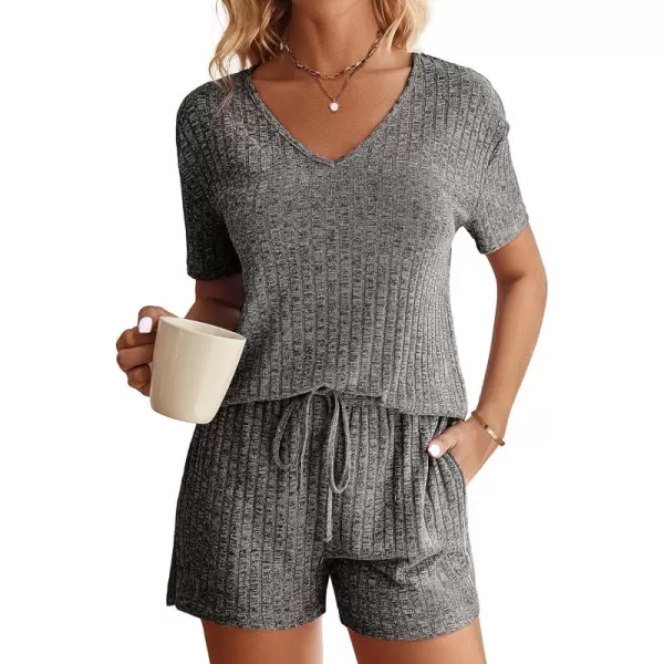 imageEkouaer Womens Ribbed Knit Lounge Set Short Sleeve Top and Shorts Sleepwear Pajama Set Two Piece Shorts Outfits SetGray