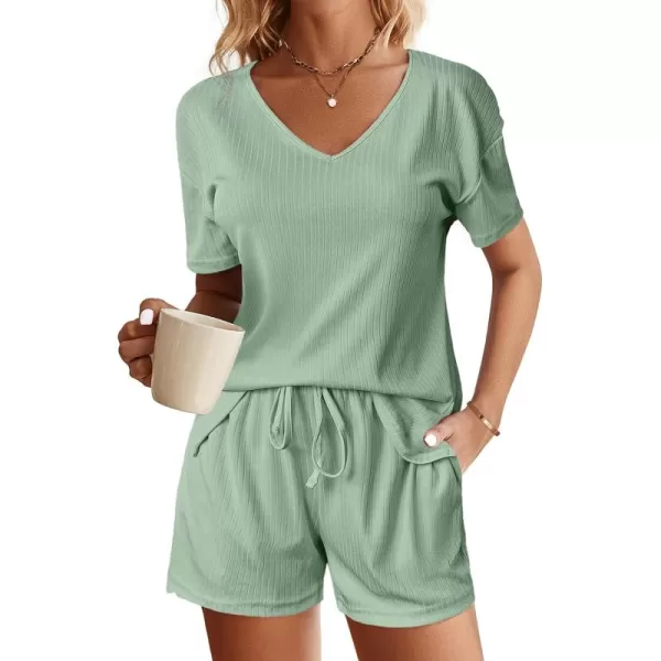 imageEkouaer Womens Ribbed Knit Lounge Set Short Sleeve Top and Shorts Sleepwear Pajama Set Two Piece Shorts Outfits SetGreen