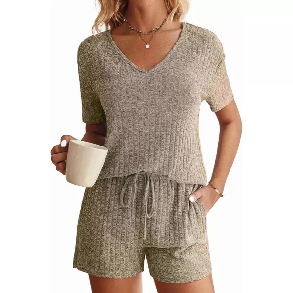 imageEkouaer Womens Ribbed Knit Lounge Set Short Sleeve Top and Shorts Sleepwear Pajama Set Two Piece Shorts Outfits SetKhaki