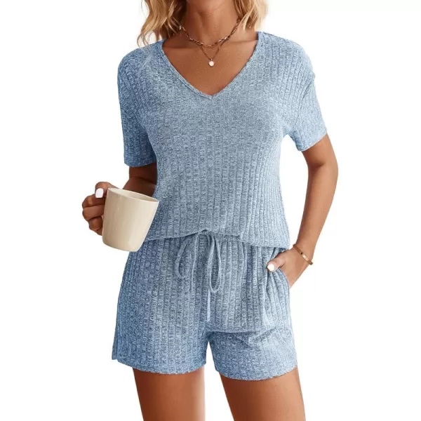 imageEkouaer Womens Ribbed Knit Lounge Set Short Sleeve Top and Shorts Sleepwear Pajama Set Two Piece Shorts Outfits SetLake Blue