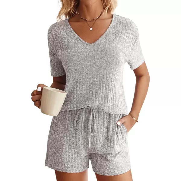 imageEkouaer Womens Ribbed Knit Lounge Set Short Sleeve Top and Shorts Sleepwear Pajama Set Two Piece Shorts Outfits SetLight Gray