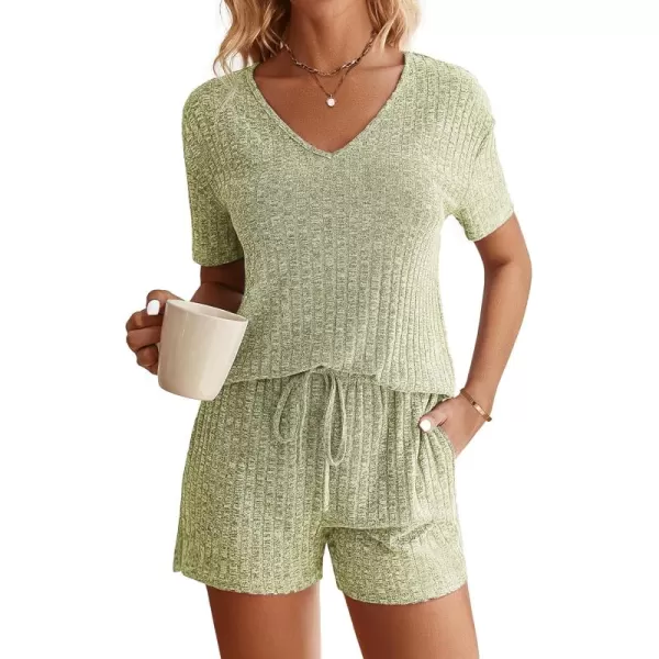 imageEkouaer Womens Ribbed Knit Lounge Set Short Sleeve Top and Shorts Sleepwear Pajama Set Two Piece Shorts Outfits SetMoss Green