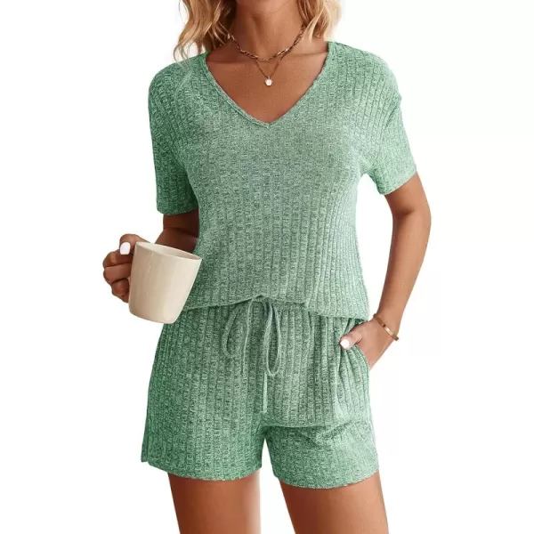 imageEkouaer Womens Ribbed Knit Lounge Set Short Sleeve Top and Shorts Sleepwear Pajama Set Two Piece Shorts Outfits SetParis Green