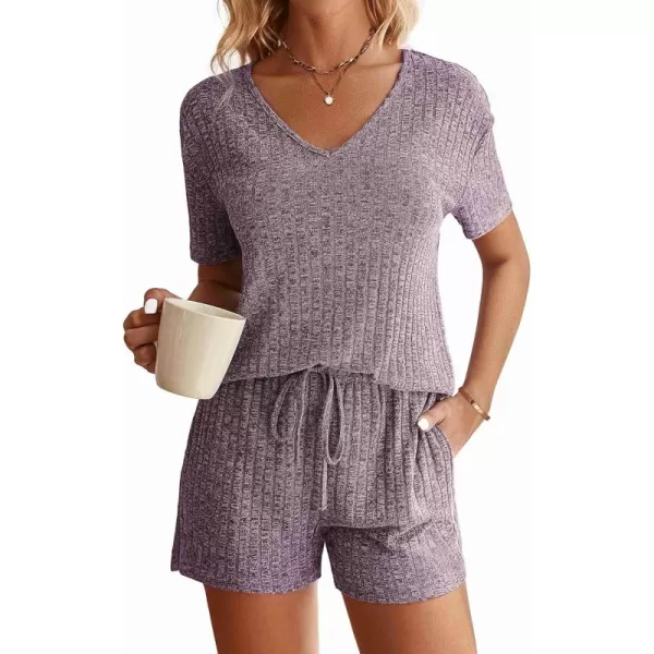 imageEkouaer Womens Ribbed Knit Lounge Set Short Sleeve Top and Shorts Sleepwear Pajama Set Two Piece Shorts Outfits SetPurple