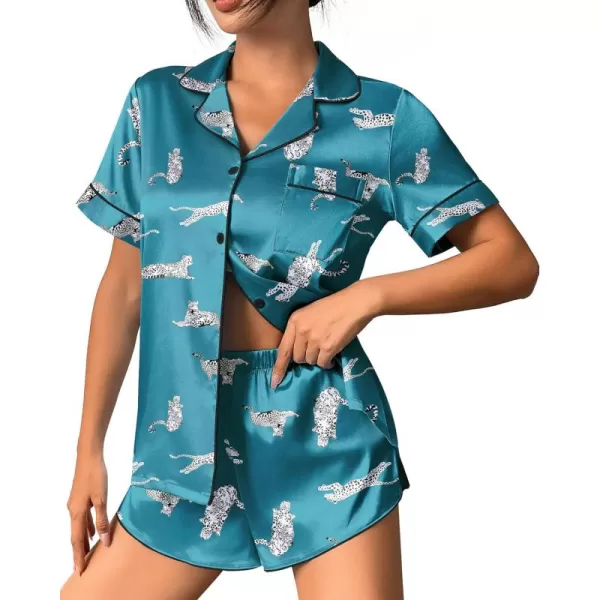 imageEkouaer Womens Silk Satin Pajama Set Print Short Sleeve Sleepwear Button Down Pjs Shorts Set LoungewearLeopard