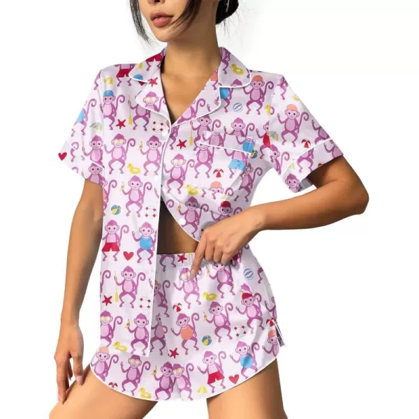 imageEkouaer Womens Silk Satin Pajama Set Print Short Sleeve Sleepwear Button Down Pjs Shorts Set LoungewearPurple Monkey