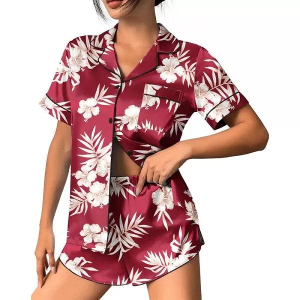 imageEkouaer Womens Silk Satin Pajama Set Print Short Sleeve Sleepwear Button Down Pjs Shorts Set LoungewearRed Floral