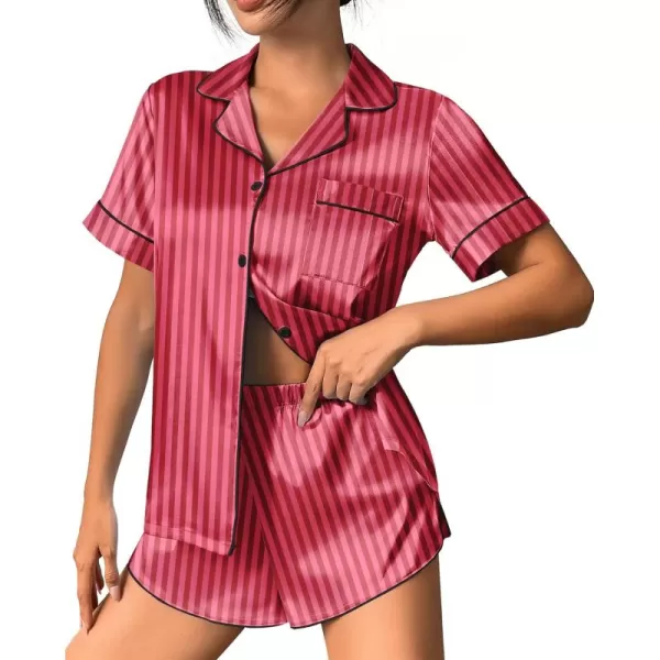 imageEkouaer Womens Silk Satin Pajama Set Print Short Sleeve Sleepwear Button Down Pjs Shorts Set LoungewearRed Striped