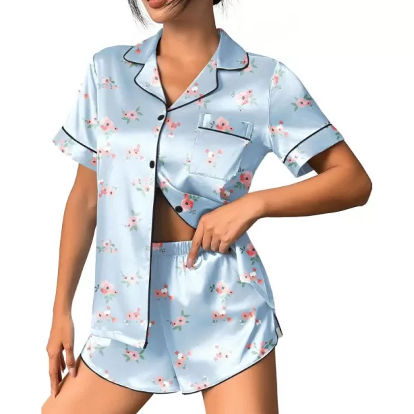 imageEkouaer Womens Silk Satin Pajama Set Print Short Sleeve Sleepwear Button Down Pjs Shorts Set LoungewearSky Blue Floral