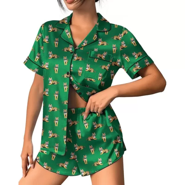 imageEkouaer Womens Silk Satin Pajama Set Print Short Sleeve Sleepwear Button Down Pjs Shorts Set LoungewearTiger