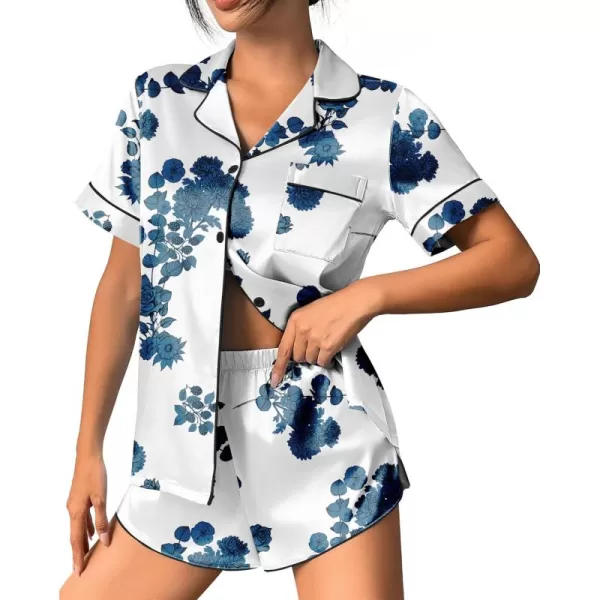 imageEkouaer Womens Silk Satin Pajama Set Print Short Sleeve Sleepwear Button Down Pjs Shorts Set LoungewearWhite Floral