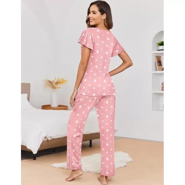 imageEkouaer 2 Pack Womens Pajama Sets Short Sleeve with Long Pajama Pant Set Soft Sleepwear Printed Pj Lounge Sets with PocketsGray Star  Pink Star