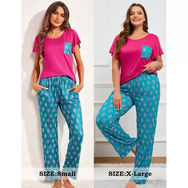 imageEkouaer 2 Pack Womens Pajama Sets Short Sleeve with Long Pajama Pant Set Soft Sleepwear Printed Pj Lounge Sets with PocketsNavy Leafrose Red Floral