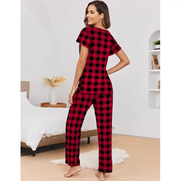 imageEkouaer 2 Pack Womens Pajama Sets Short Sleeve with Long Pajama Pant Set Soft Sleepwear Printed Pj Lounge Sets with PocketsRed Plaidblack Plaid