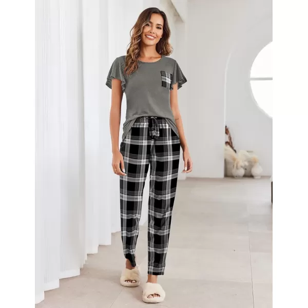 imageEkouaer 2 Pack Womens Pajama Sets Short Sleeve with Long Pajama Pant Set Soft Sleepwear Printed Pj Lounge Sets with PocketsRed Plaidblack Plaid