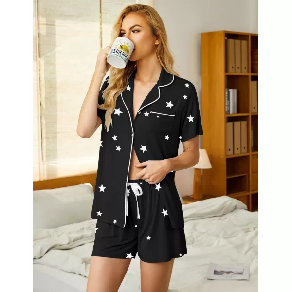 imageEkouaer Pajamas Set for Women Short Sleeve Sleepwear Summer Button Down Nightwear Soft Pjs Lounge SetBlack With Stars