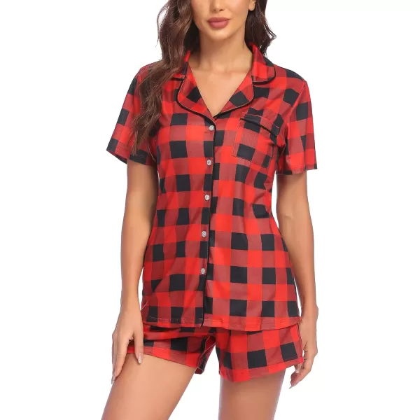 imageEkouaer Pajamas Set for Women Short Sleeve Sleepwear Summer Button Down Nightwear Soft Pjs Lounge SetBlack and Red Plaid