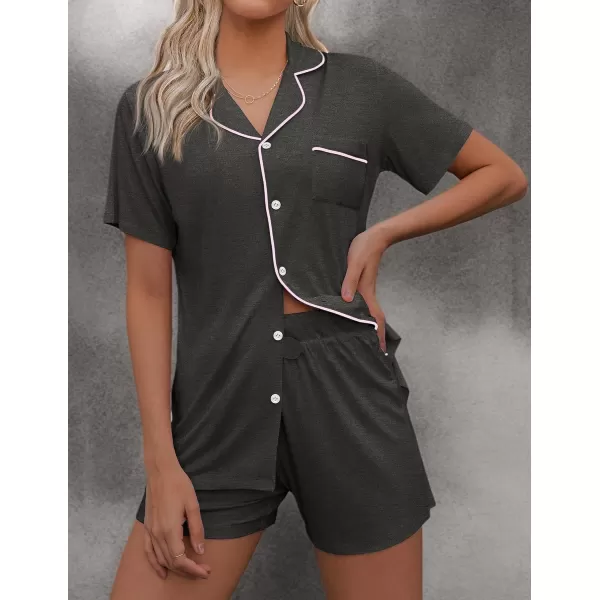 imageEkouaer Pajamas Set for Women Short Sleeve Sleepwear Summer Button Down Nightwear Soft Pjs Lounge SetDeep Flower Gray