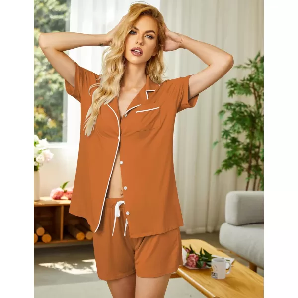 imageEkouaer Pajamas Set for Women Short Sleeve Sleepwear Summer Button Down Nightwear Soft Pjs Lounge SetLight Brown