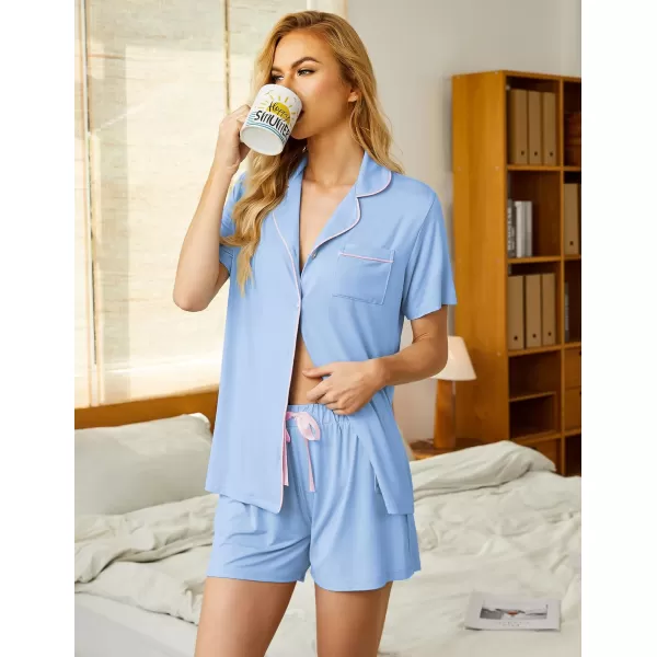 imageEkouaer Pajamas Set for Women Short Sleeve Sleepwear Summer Button Down Nightwear Soft Pjs Lounge SetLight Sky Blue