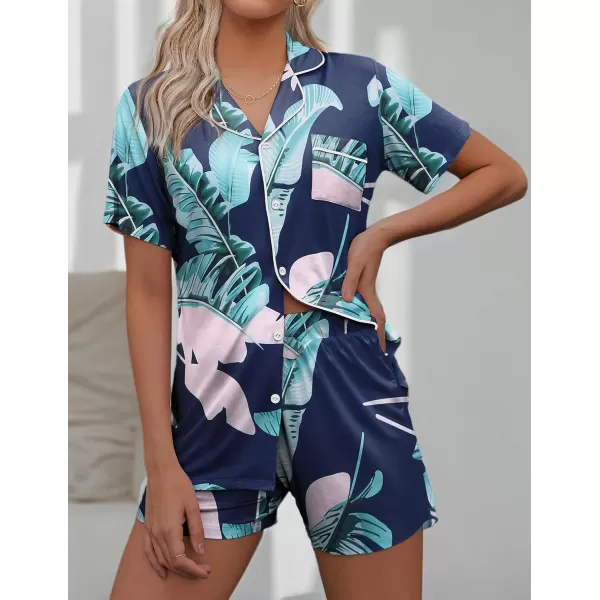 imageEkouaer Pajamas Set for Women Short Sleeve Sleepwear Summer Button Down Nightwear Soft Pjs Lounge SetNavy Leaves