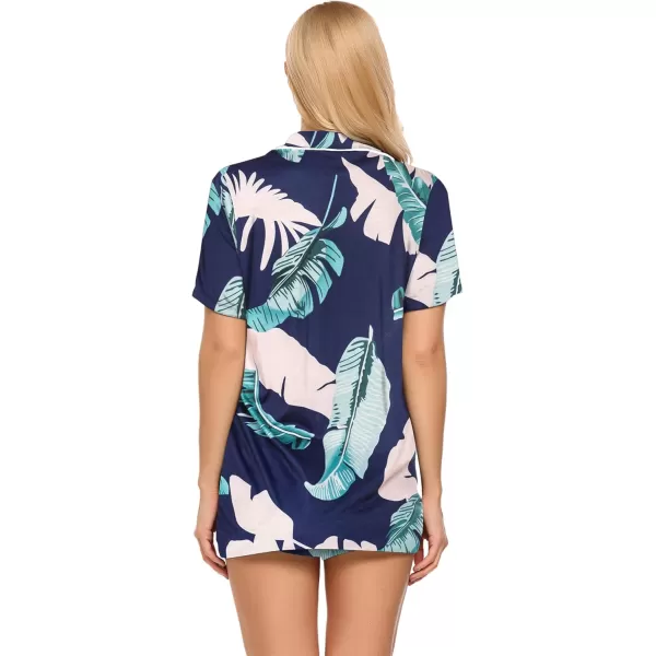 imageEkouaer Pajamas Set for Women Short Sleeve Sleepwear Summer Button Down Nightwear Soft Pjs Lounge SetNavy Leaves