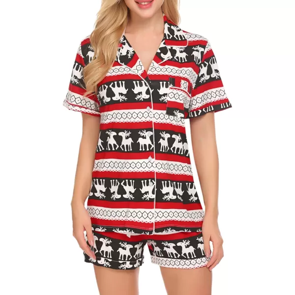 imageEkouaer Pajamas Set for Women Short Sleeve Sleepwear Summer Button Down Nightwear Soft Pjs Lounge SetStriped Christmas Deer