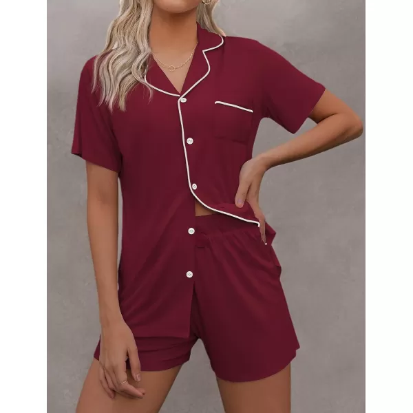 imageEkouaer Pajamas Set for Women Short Sleeve Sleepwear Summer Button Down Nightwear Soft Pjs Lounge SetWine Red