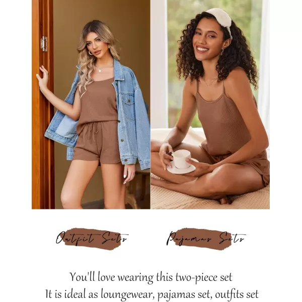 imageEkouaer Pajamas for Women Soft Lingerie Sleepwear 2 Piece Cami Shorts Set Waffle Knit Pj LoungewearBrown