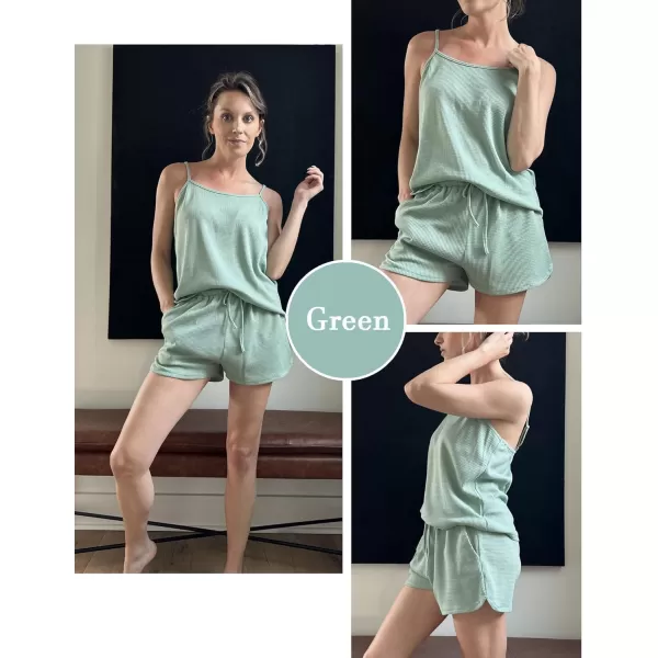 imageEkouaer Pajamas for Women Soft Lingerie Sleepwear 2 Piece Cami Shorts Set Waffle Knit Pj LoungewearGreen