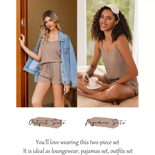 imageEkouaer Pajamas for Women Soft Lingerie Sleepwear 2 Piece Cami Shorts Set Waffle Knit Pj LoungewearKhaki