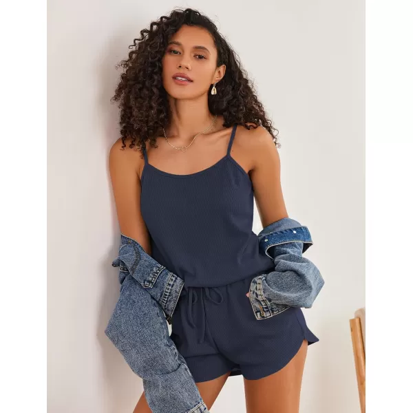 imageEkouaer Pajamas for Women Soft Lingerie Sleepwear 2 Piece Cami Shorts Set Waffle Knit Pj LoungewearNavy Blue