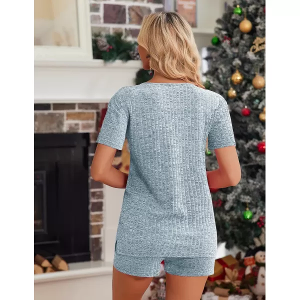imageEkouaer Womens 2 Piece Lounge Sets Shorts Pajama Sets Short Sleeve Sleepwear Ribbed Knit Outfits PJ SetsBlue