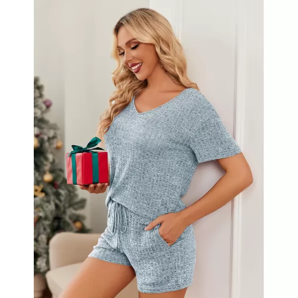imageEkouaer Womens 2 Piece Lounge Sets Shorts Pajama Sets Short Sleeve Sleepwear Ribbed Knit Outfits PJ SetsBlue