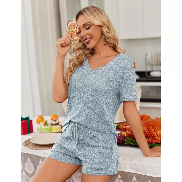 imageEkouaer Womens 2 Piece Lounge Sets Shorts Pajama Sets Short Sleeve Sleepwear Ribbed Knit Outfits PJ SetsBlue