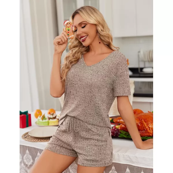imageEkouaer Womens 2 Piece Lounge Sets Shorts Pajama Sets Short Sleeve Sleepwear Ribbed Knit Outfits PJ SetsBrown