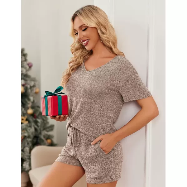 imageEkouaer Womens 2 Piece Lounge Sets Shorts Pajama Sets Short Sleeve Sleepwear Ribbed Knit Outfits PJ SetsBrown