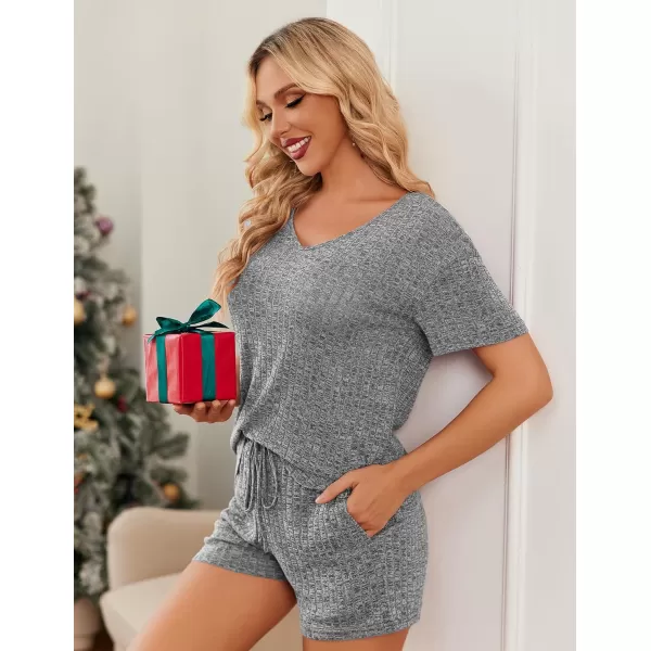 imageEkouaer Womens 2 Piece Lounge Sets Shorts Pajama Sets Short Sleeve Sleepwear Ribbed Knit Outfits PJ SetsGray