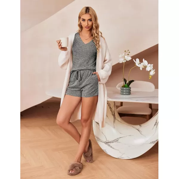 imageEkouaer Womens 2 Piece Lounge Sets Shorts Pajama Sets Short Sleeve Sleepwear Ribbed Knit Outfits PJ SetsGray
