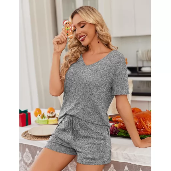 imageEkouaer Womens 2 Piece Lounge Sets Shorts Pajama Sets Short Sleeve Sleepwear Ribbed Knit Outfits PJ SetsGray