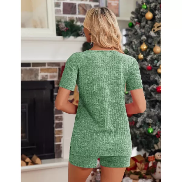 imageEkouaer Womens 2 Piece Lounge Sets Shorts Pajama Sets Short Sleeve Sleepwear Ribbed Knit Outfits PJ SetsGreen