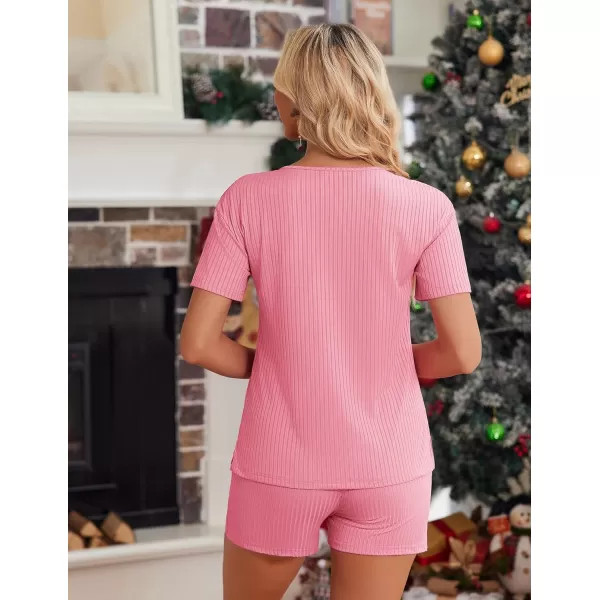imageEkouaer Womens 2 Piece Lounge Sets Shorts Pajama Sets Short Sleeve Sleepwear Ribbed Knit Outfits PJ SetsHot Pink