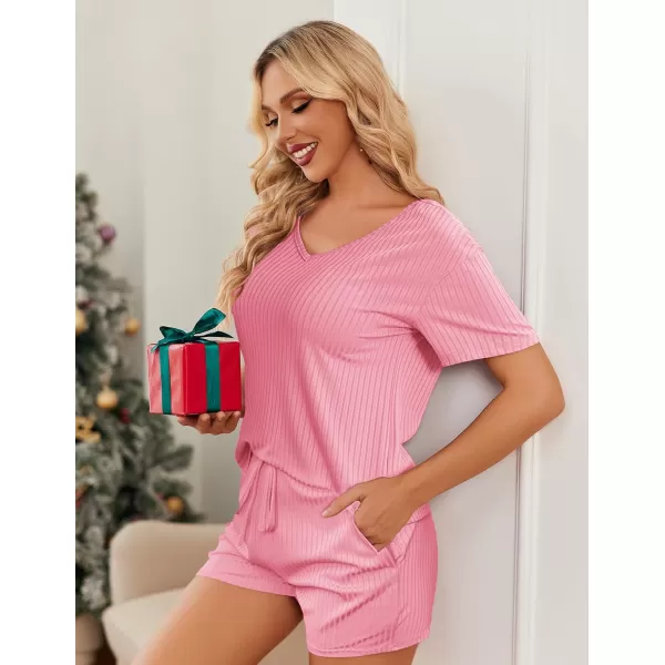 imageEkouaer Womens 2 Piece Lounge Sets Shorts Pajama Sets Short Sleeve Sleepwear Ribbed Knit Outfits PJ SetsHot Pink