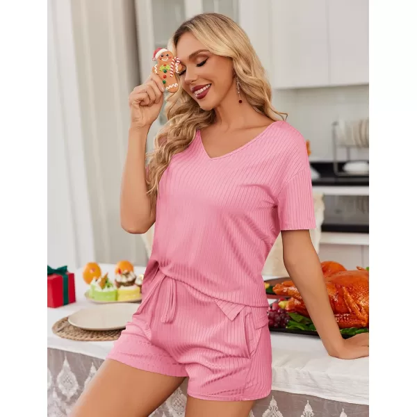 imageEkouaer Womens 2 Piece Lounge Sets Shorts Pajama Sets Short Sleeve Sleepwear Ribbed Knit Outfits PJ SetsHot Pink